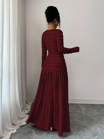 Vacation Style Long Sleeve Square Neck Button-Up Top With Paneled Design And Flared Skirt