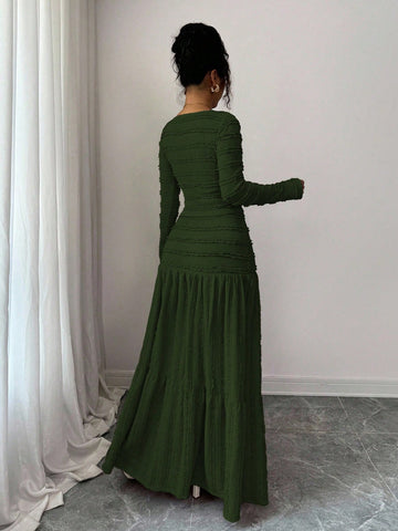 Vacation Style Long Sleeve Square Neck Button-Up Top With Paneled Design And Flared Skirt