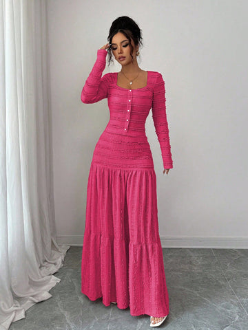 Vacation Style Long Sleeve Square Neck Button-Up Top With Paneled Design And Flared Skirt