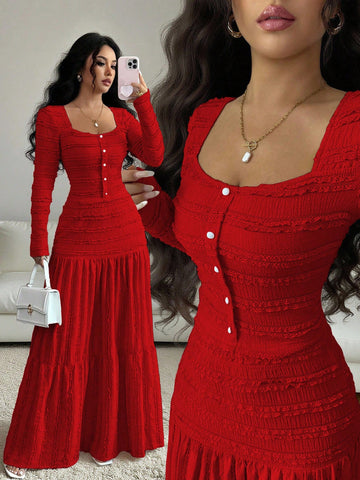 Vacation Style Long Sleeve Square Neck Button-Up Top With Paneled Design And Flared Skirt
