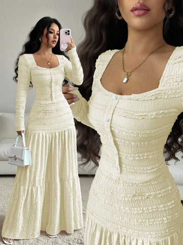 Vacation Style Long Sleeve Square Neck Button-Up Top With Paneled Design And Flared Skirt