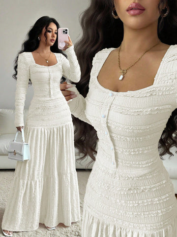 Vacation Style Long Sleeve Square Neck Button-Up Top With Paneled Design And Flared Skirt