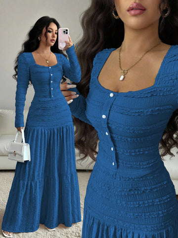 Vacation Style Long Sleeve Square Neck Button-Up Top With Paneled Design And Flared Skirt