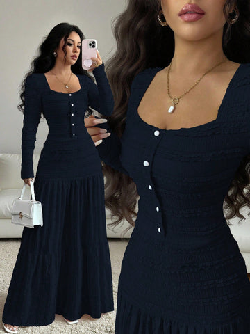 Vacation Style Long Sleeve Square Neck Button-Up Top With Paneled Design And Flared Skirt