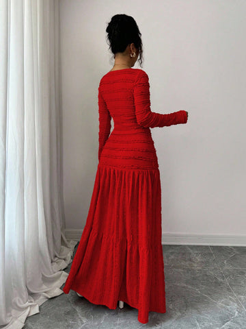 Vacation Style Long Sleeve Square Neck Button-Up Top With Paneled Design And Flared Skirt