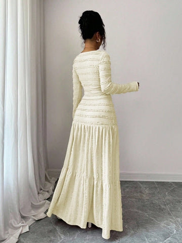 Vacation Style Long Sleeve Square Neck Button-Up Top With Paneled Design And Flared Skirt