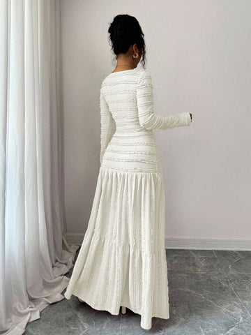 Vacation Style Long Sleeve Square Neck Button-Up Top With Paneled Design And Flared Skirt