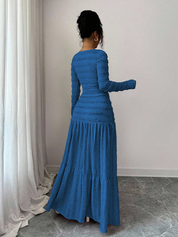 Vacation Style Long Sleeve Square Neck Button-Up Top With Paneled Design And Flared Skirt