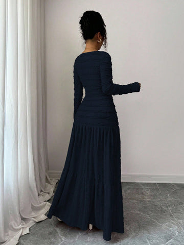 Vacation Style Long Sleeve Square Neck Button-Up Top With Paneled Design And Flared Skirt