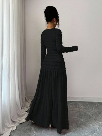 Vacation Style Long Sleeve Square Neck Button-Up Top With Paneled Design And Flared Skirt
