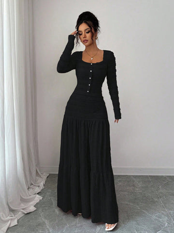 Vacation Style Long Sleeve Square Neck Button-Up Top With Paneled Design And Flared Skirt