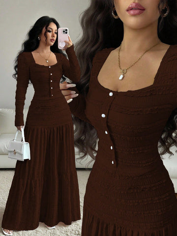 Vacation Style Long Sleeve Square Neck Button-Up Top With Paneled Design And Flared Skirt