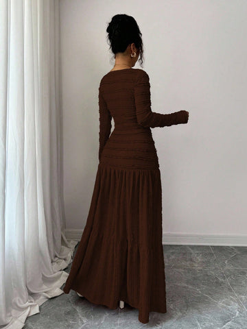 Vacation Style Long Sleeve Square Neck Button-Up Top With Paneled Design And Flared Skirt