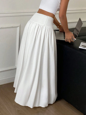 Women Long Solid Color White Elastic High Waist Skirt