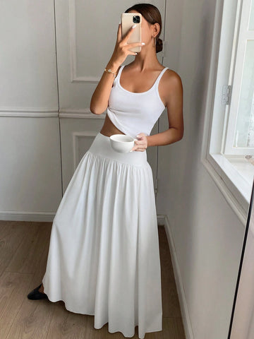 Women Long Solid Color White Elastic High Waist Skirt