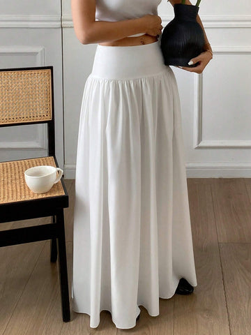 Women Long Solid Color White Elastic High Waist Skirt