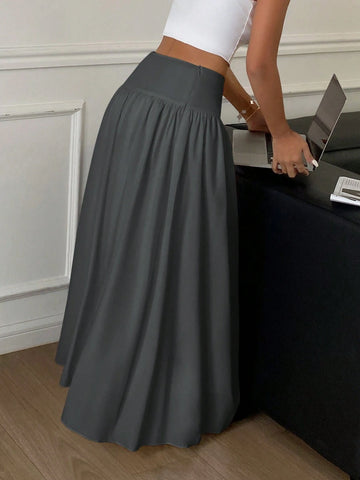 Women Long Solid Color White Elastic High Waist Skirt