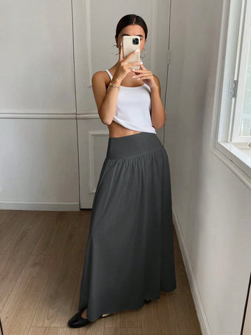 Women Long Solid Color White Elastic High Waist Skirt