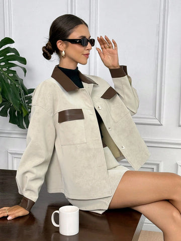 Women Solid Color Front Button Long Sleeve Pocket Blouse And A-Line Skirt