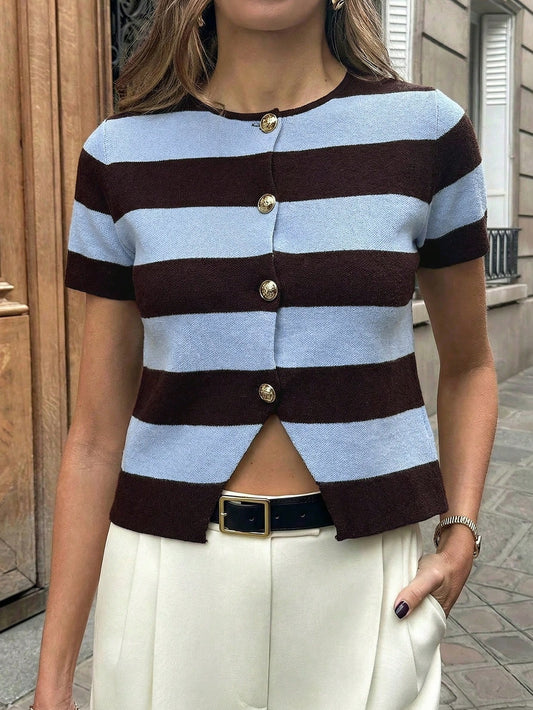 Women's Contrast Stripe Button Front Short Sleeve Knit Top