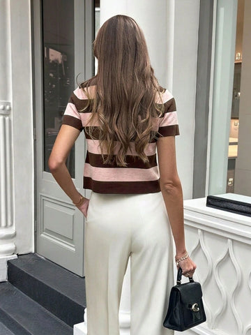 Women's Contrast Stripe Button Front Short Sleeve Knit Top