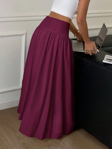 Women Long Solid Color White Elastic High Waist Skirt