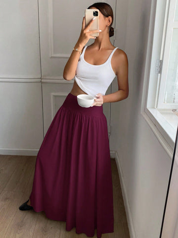 Women Long Solid Color White Elastic High Waist Skirt