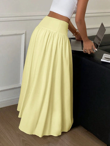 Women Long Solid Color White Elastic High Waist Skirt