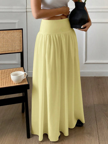 Women Long Solid Color White Elastic High Waist Skirt
