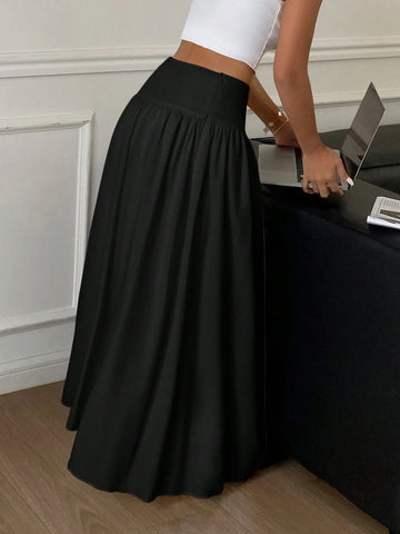 Women Long Solid Color White Elastic High Waist Skirt