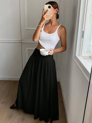 Women Long Solid Color White Elastic High Waist Skirt