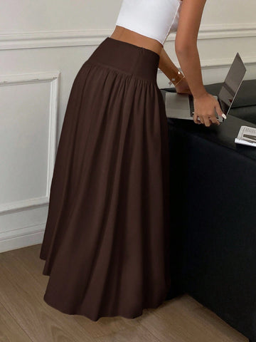 Women Long Solid Color White Elastic High Waist Skirt