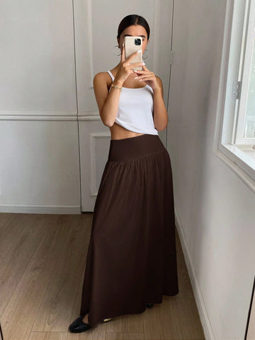 Women Long Solid Color White Elastic High Waist Skirt