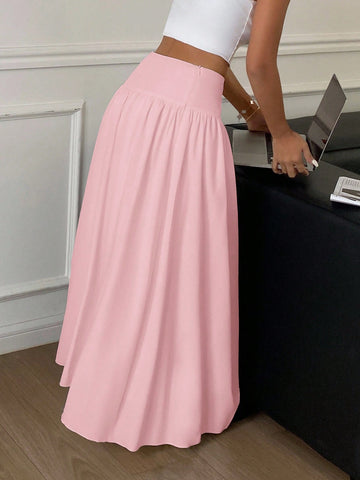 Women Long Solid Color White Elastic High Waist Skirt