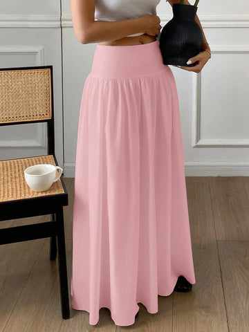 Women Long Solid Color White Elastic High Waist Skirt