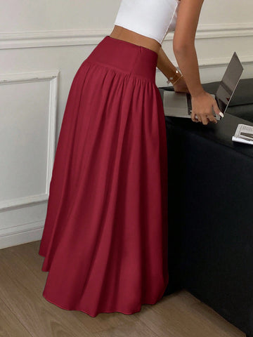 Women Long Solid Color White Elastic High Waist Skirt