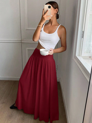 Women Long Solid Color White Elastic High Waist Skirt