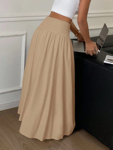 Women Long Solid Color White Elastic High Waist Skirt