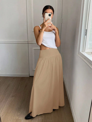 Women Long Solid Color White Elastic High Waist Skirt