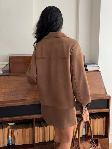 Women Solid Color Front Button Long Sleeve Pocket Blouse And A-Line Skirt