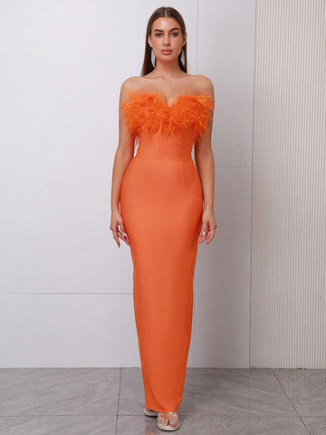 Sexy Faux Feather & Sequin Strapless Thigh-High Split Long Evening Party Dress