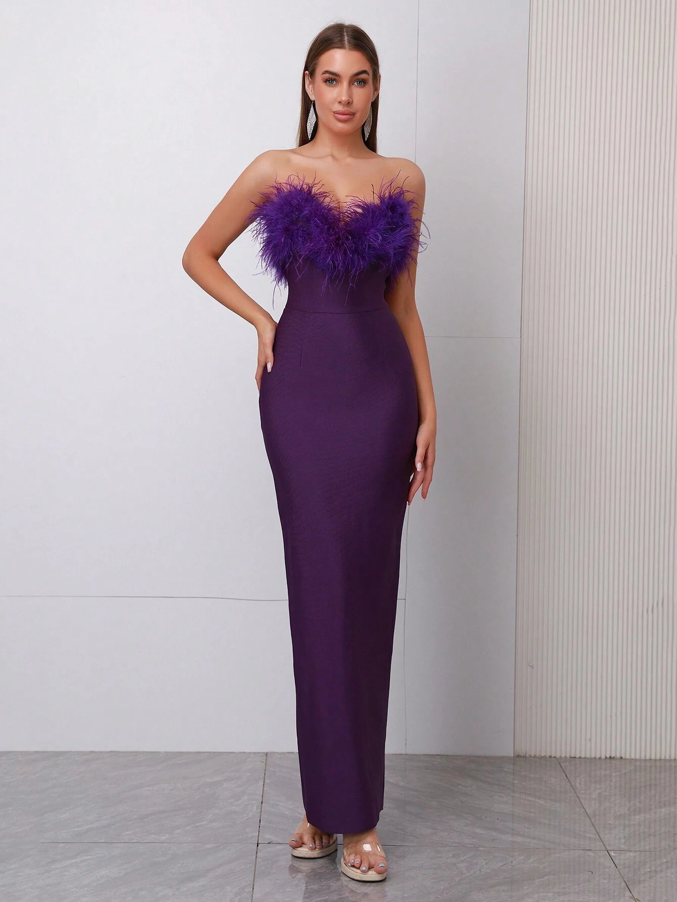 Sexy Faux Feather & Sequin Strapless Thigh-High Split Long Evening Party Dress