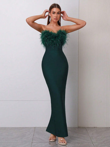 Sexy Faux Feather & Sequin Strapless Thigh-High Split Long Evening Party Dress