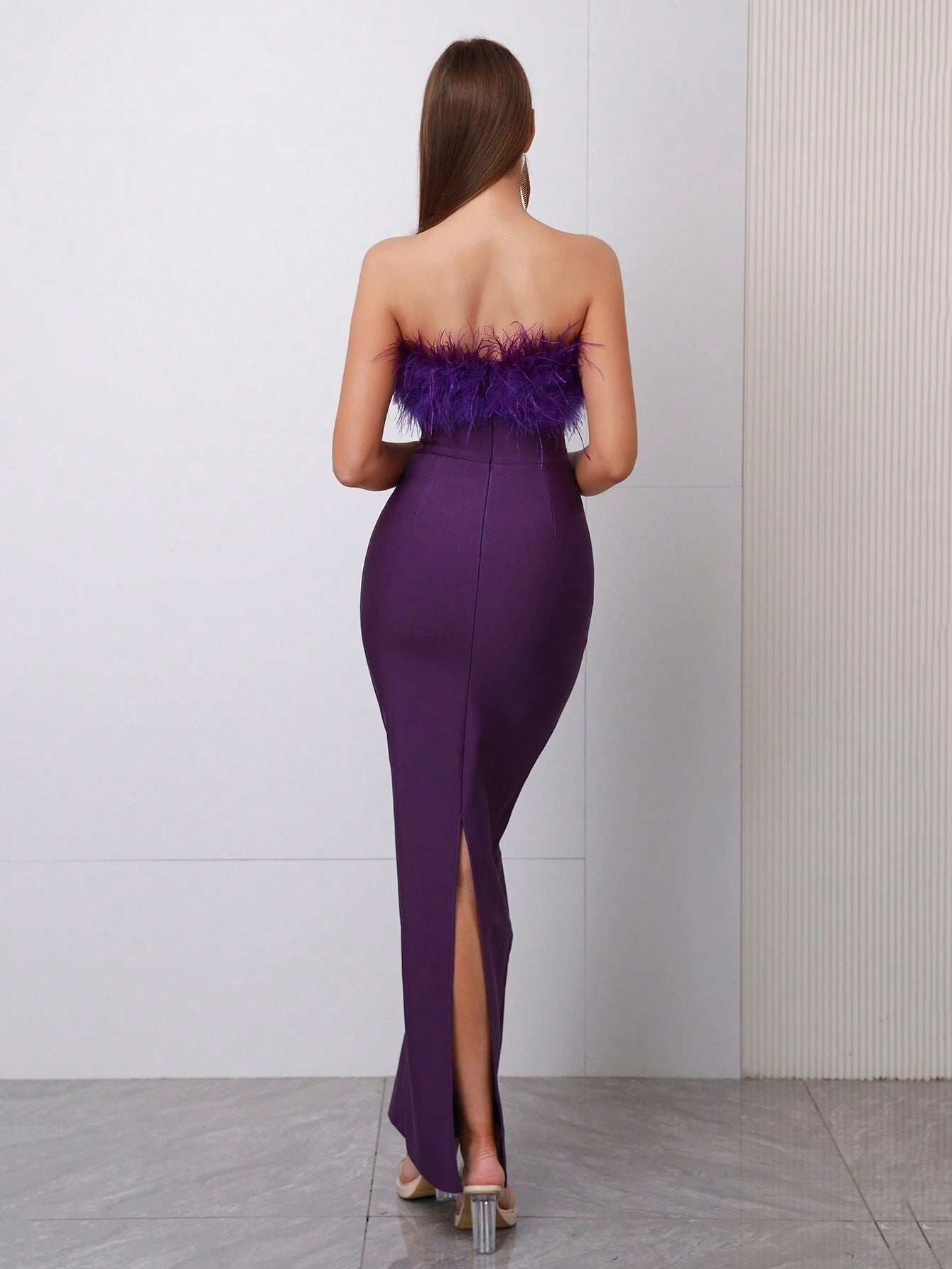 Sexy Faux Feather & Sequin Strapless Thigh-High Split Long Evening Party Dress