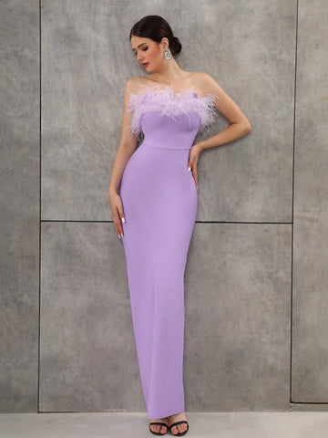 Sexy Faux Feather & Sequin Strapless Thigh-High Split Long Evening Party Dress