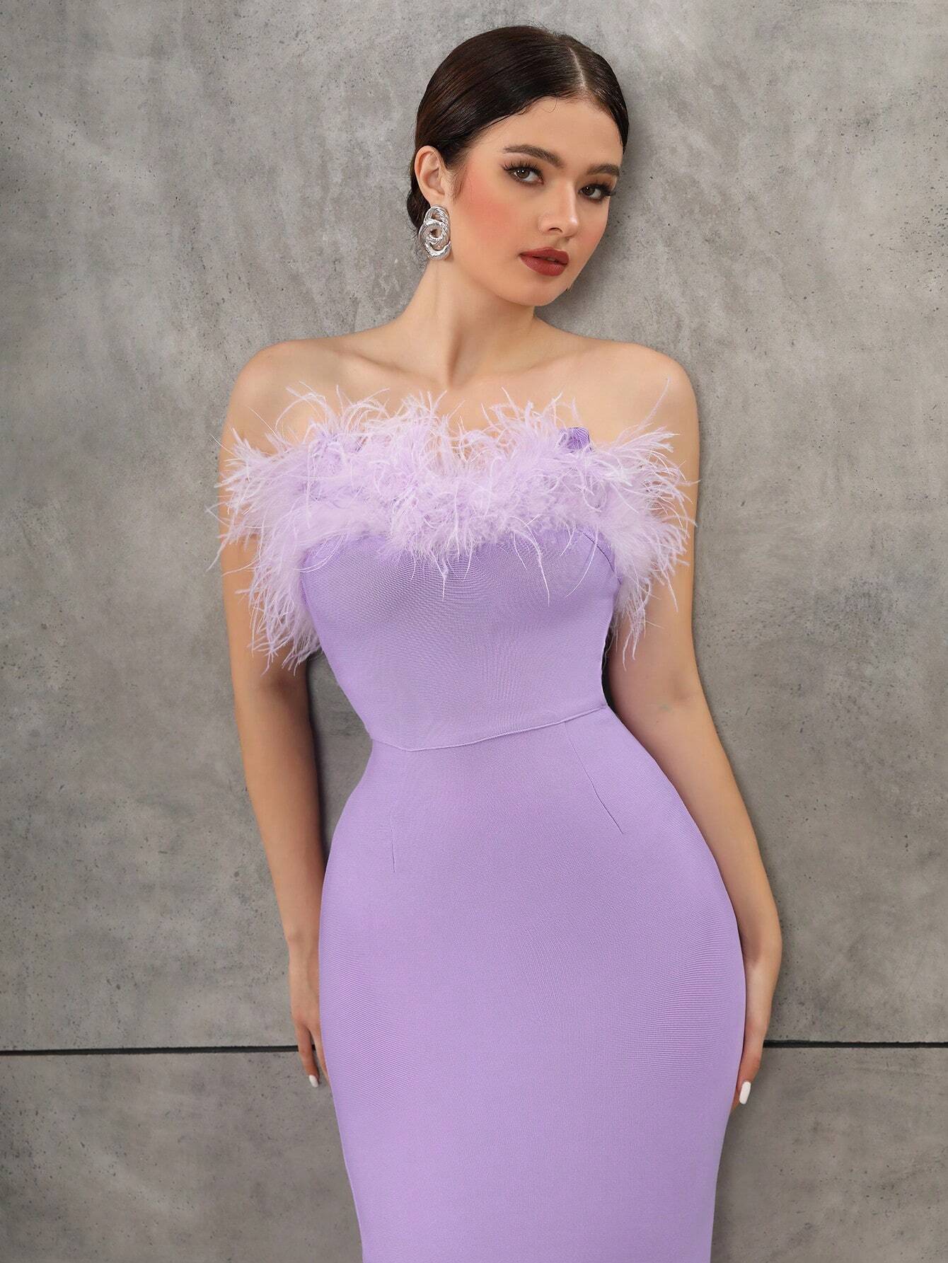 Sexy Faux Feather & Sequin Strapless Thigh-High Split Long Evening Party Dress