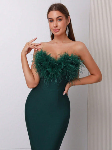 Sexy Faux Feather & Sequin Strapless Thigh-High Split Long Evening Party Dress