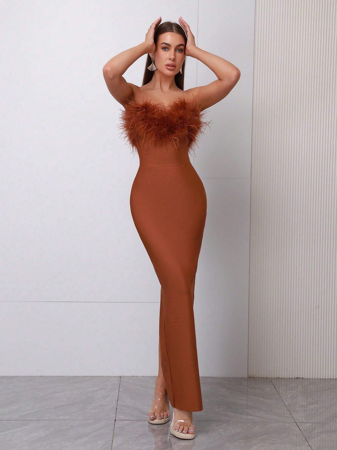 Sexy Faux Feather & Sequin Strapless Thigh-High Split Long Evening Party Dress