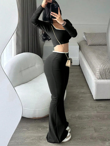 Low Waist Elastic Cropped Long Sleeve Top And Flared Leg Pants