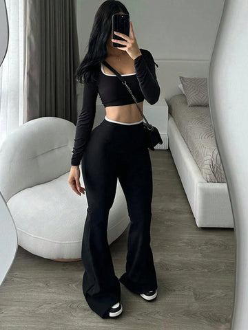 Low Waist Elastic Cropped Long Sleeve Top And Flared Leg Pants